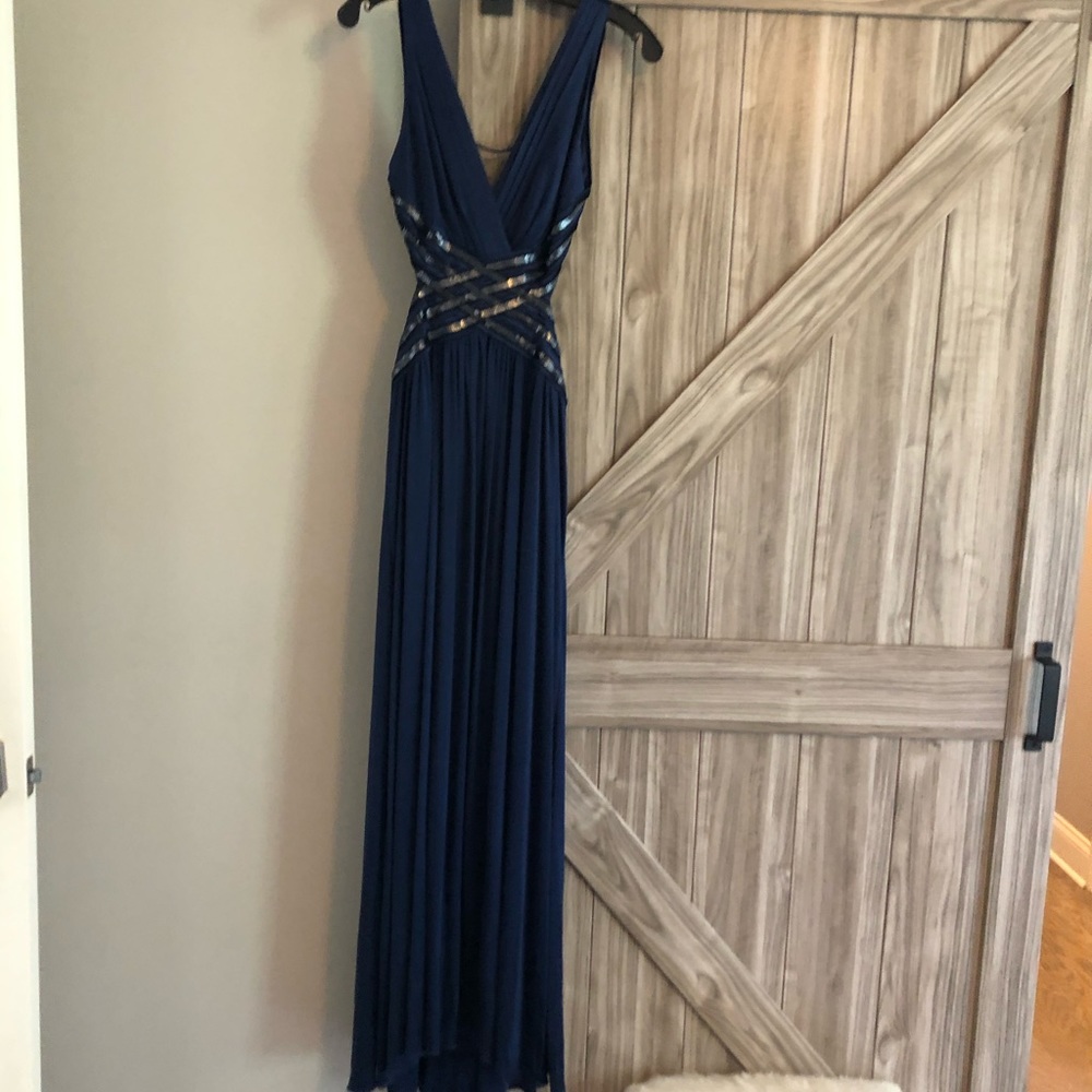BCBG long navy backless gown
